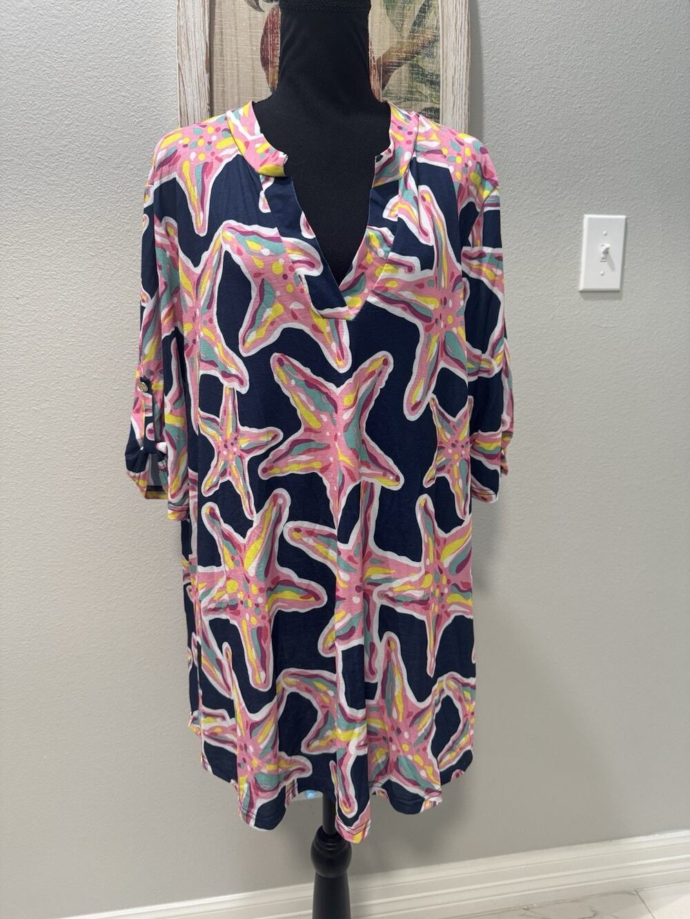 Navy Starfish Print Mini Dress - Pink & Yellow